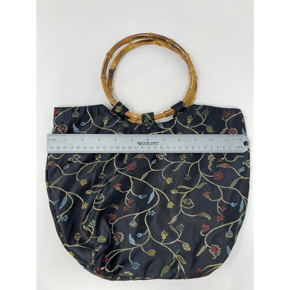Women's Handbag Asian inspired Bambo Circle Handels Black Flower Embroidered - Picture 6 of 9